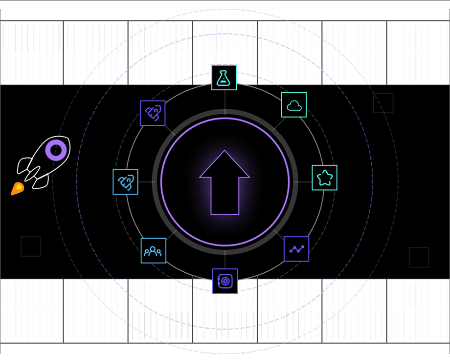 Measurement illustration with rocket, growth arrow, and analytics icons in concentric circles